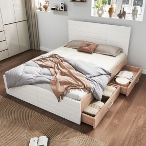 Lit Double Système De Lit En Bois 160×200cm Avec 2 Tiroirs Lit Avec Cadre De Lit Et Sommier À Lattes Chêne / Blanc (sans Matelas)