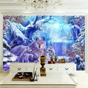 Papier Peint Mural Poster G&eacute;ant 3D Loup animal de sc&egrave;ne de neige Enfant Chambre Garcon Fille Ado D&eacute;coration De La Maison 350x256cm