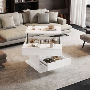 Table basse relevable brillant 70 x 70 x 45 cm Table dappoint carrée salon avec 1 tiroir rangement caché plateau pivotante - blanc