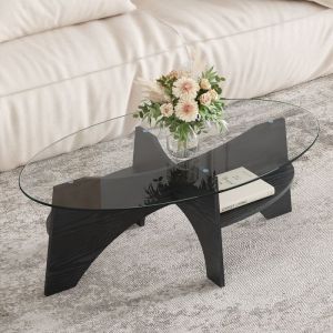 Table Basse Moderne Ovale Table dAppoint en Verre Pieds en MDF Noir Bois et Plateau Transparent 104.9&times;60&times;35.60cm