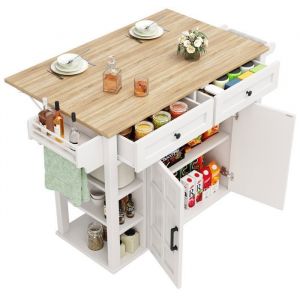 ilot Central Cuisine avec Cloisons Amovibles Chariot de Salle à Manger avec Plan de Travail Rabattable avec Roulettes Blanc