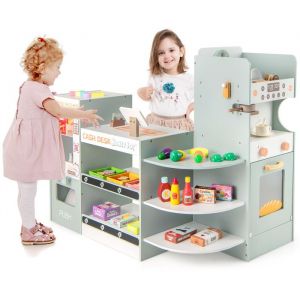 GOPLUS Jouet dimitation - Marchande - Épicerie pour Enfants en Bois avec Accessoires Alimentaires pour Garçons et Filles de