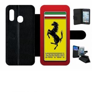 Etui &agrave; rabat - ecusson ferrari - compatible avec samsung galaxy a20e - simili-cuir - bord noir