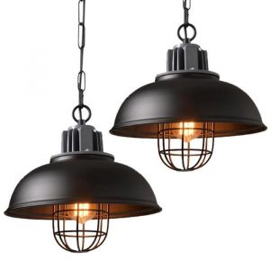 Suspension Industrielle R&eacute;tro E27 33cm Noir - Lot de 2 - WOTTES - Fer Forg&eacute; - Ext&eacute;rieur - Campagne