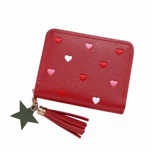 funmoon Portefeuille &agrave; Pompon Pour Femme Petit Porte-Monnaie &agrave; Fermeture &Eacute;clair Porte-Cartes De Cr&eacute;dit Rouge