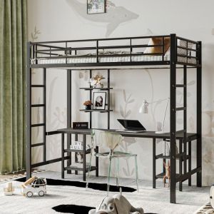 Lit mezzanine enfant 90x200 cm en metal avec bureau Lit surélevé 1 places avec sommier et échelle latéraleFer + MDFNoir