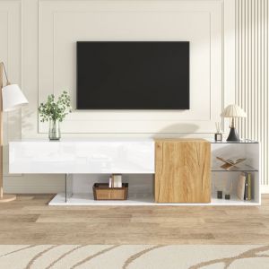 Meuble TV Moderne 180cm Blanc Laqu&eacute; Bois & Verre  Buffet Bas  Rangement avec 2 Portes et Niche Centrale