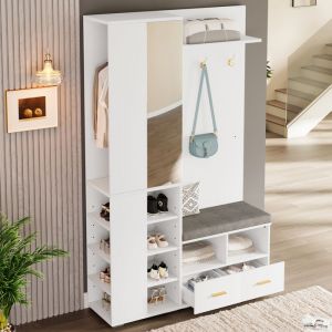 Vestiaire d&rsquo;Entr&eacute;e Mural avec Miroir Banc &agrave; Chaussures Tringle 3 Crochets et 2 Tiroirs Blanc 120 &times; 35 &times; 190 cm