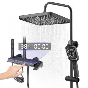 Colonne de Douche Noir Titane avec T&ecirc;te Carr&eacute;eSTANEW Colonne de DoucheAffichage LED Ciel &eacute;toil&eacute;Douchette &agrave; MainHauteur R&eacute;glable