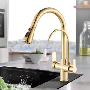 Robinet de Cuisine 3 Voies Mitigeur de Cuisine Or avec Douchette Extractible Mitigeur Evier Cuisine Eau Potable Chaude et Froide