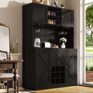 Buffet haut salle a manger -Meuble vaisselier cuisine avec &eacute;clairage LED -Armoire noir avec 4 portes et 2 tiroirs-120 x 40 x 188 cm
