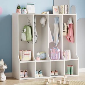 Meuble de rangement enfant - LUNSY - 4 compartiments ouverts - 8 crochets doubles - 4 casiers - 119x32x91 cm - Blanc