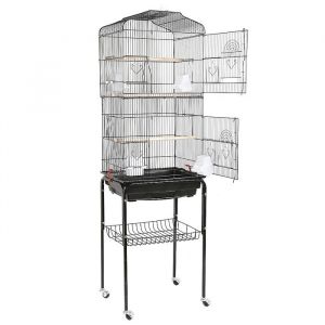 Cage Oiseaux Voli&egrave;re portable Avec 4 roulettes en M&eacute;tal - ERROLVES - Noir - 46*35.3*150.6 CM