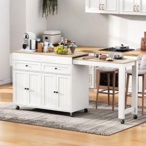 &Icirc;lot de Cuisine sur Roulettes Coin Repas Extensible &icirc;lot de Cuisine Mobile avec Plan de Travail Chariot de Service Blanc+Naturel