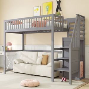 Lit mezzanine 90x200 cm avec armoire simple - lit enfant avec étagère de rangement et escalier - bois massif - Gris