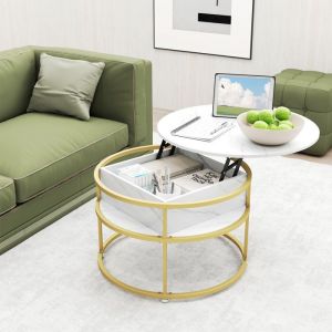 COSTWAY Table Basse à Plateau Relevable Table Centrale Ronde 80 cm à 2 Niveaux Compartiment Caché et Étagères Latérales Blanc