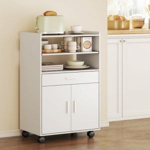Desserte Billot Blanc 59x40x92cm Meuble Micro-ondes Double Porte Tiroir &Eacute;tag&egrave;re Roulettes Rangement Cuisine Moderne Pratique