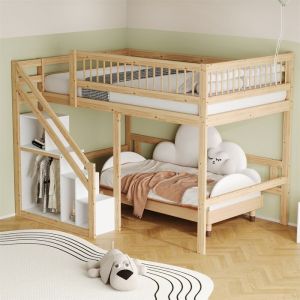 Lit Mezzanine 2 Places avec Escalier et Rangement Lit Mezzanine pour Enfant 140x200 Lit Hauteur en Bois Naturel pour Adolescent