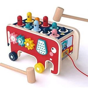Jouets en Bois &agrave; Marteau avec 2 marteaux Banc de Frappe Multifonctionnel en Forme d&eacute;l&eacute;phant Jeu de Maze Montessori