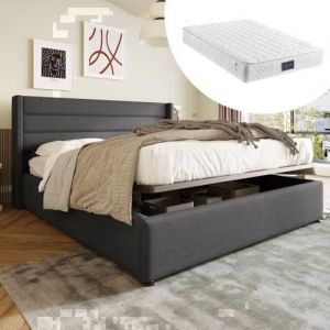 Lit coffre hydraulique en lin 160 x 200 cm avec matelas et sommier à lattes en bois gris