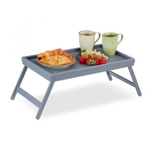 Relaxdays Tablette de Lit Bambou Pieds Rabats Rebords Plateau de Service & Petit Déjeuner HxLxP : 4 x 50 x 31 cm gris