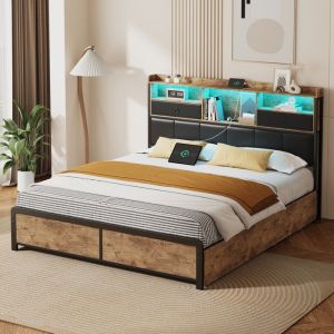 Lit adulte 140x200cm lit double avec LED et tiroirs lit en fer avec tête de lit et sommier à lattes noir