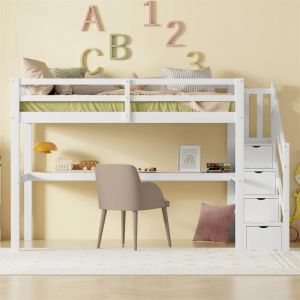 DRIPEX Lit Surélevé  90 x 200cm pour enfant avec escaliers de rangement,Lit maison avec bureau étagère sous le lit,Blanc