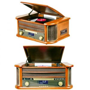 Platine Disque Vinyle - Vintage - Bois - Bluetooth - FM - USB - Lecteur CD et Cassette