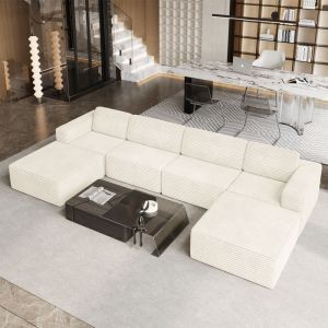 Grand canap&eacute; dangle modulable en Velours C&ocirc;tel&eacute; 4 places et 2 pouf 404x202x82cm Beige