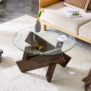 Table basse ronde en verre avec cadre en bois en forme de croix table dappoint de canap&eacute; - salon chambre MDF marron