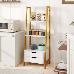 GIANTEX &Eacute;tag&egrave;re &Eacute;chelle &agrave; 4 Niveaux- 4 &Eacute;tag&egrave;res Ouvertes- 2 Tiroirs- Cadre en M&eacute;tal- 52x40x134cm- Cuisine Salon Chambre- Blanc+Or