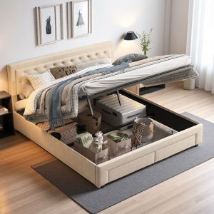 Lit coffre 180x200 avec sommier hydraulique  Double rangement tiroir + capiton velours beige  Mécanisme silencieux
