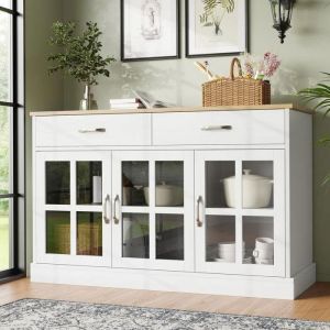 Buffet Bahut Moderne - Buffet Bas en bois - Commode avec 3 portes et 2 tiroirs - 120×40×84cm - Blanc