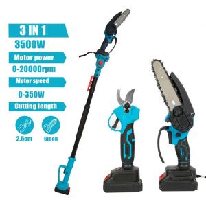 Scie dÉlagage 3-en-1 avec Perche Telescopique – Tronçonneuse  6 Pouces + Sécateur Electrique  2 Batteries - Idéal Jardinage