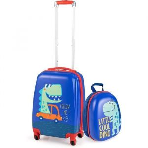 GOPLUS Ensemble Lot de 2 Valises Enfant Rigides, Valise Enfant 18'' & Sac à Dos Enfant 12'', Dinosaure+Bleu