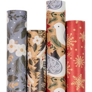 Papier Cadeau De No&euml;l Papier Kraft - Colombe Flocon De Neige Fleur Et Maison - 4 Rouleaux - 435X305 Cm Par Rouleau
