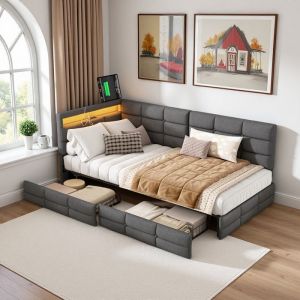 Canap&eacute;-lit 90x200 cm lit simple rembourr&eacute; avec LED et USB lit banquette avec 2 tiroirs de rangement cadre de lit capitonn&eacute; lin gris