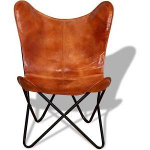 Fauteuil Papillon - Chaise papillon Marron Cuir v&eacute;ritable - Vintage - Salon - Avec accoudoirs - 1 place