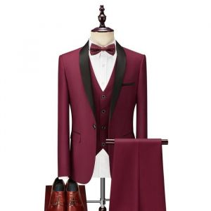 (Veste+Gilet+Pantalon) Costume Homme grande taille uni Blouson de Marque Luxe Blazer Grande V&ecirc;Tements Masculin Bordeaux FBC143
