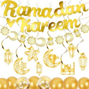 Decoration Ramadan 2026 - Gold Guirlande Banderole Ballon D&eacute;corations Suspendues Ramadan Kareem Decoration Pour Maison Resta[Z1]