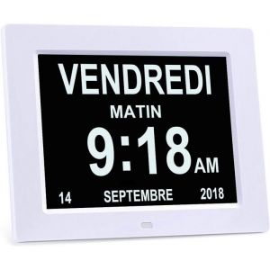 8 LCD Horloge Num&eacute;rique Calendrier -  Auto Dimming 8 Langues HD Display Rappel pour Alzheimer Les Personnes &acirc;g&eacute;es - Blanc