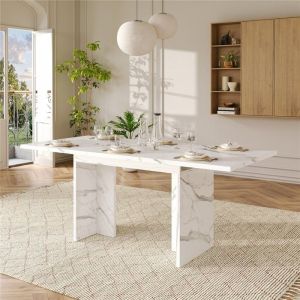Table Salle &agrave; Manger Blanche Extensible Effet Marbre 6 &agrave; 8 Personnes - 140&ndash;180x80x75 cm Table a Manger Moderne Design pour Cuisine
