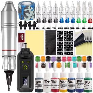 Kit complet de machine &agrave; tatouer avec encreaiguilles et plupart des accessoires pour d&eacute;butantskit de stylo de tatouage(argent)