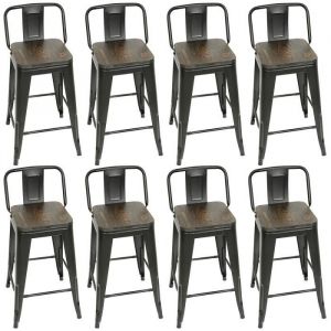 Lot de 8 Tabourets de Bar Industriel en M&eacute;tal et Bois - Noir - Style R&eacute;tro - Dossier D&eacute;tachable - Empilables