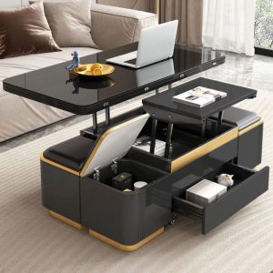 Table Basse Relevable avec Rangement 4 Poufs Coffres Table Multifonction Convertible Gain de Place Salon Moderne