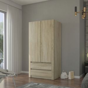 Armoire de chambre avec 2 tiroirs - Armoire 2 portes - Dimensions 90x55x180 cm - Armoire penderie - Sonoma