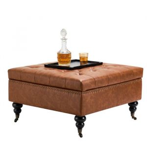 Pouf de Rangement Carré en Cuir-VEVOR-avec Roulettes-Ottomane de Rangement en Similicuir Haute Densité-Repose-pieds-Marron