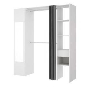 Armoire dressing avec 1 colonne + miroir + rideau coloris blanc - Longueur 177 x Profondeur 52 x Hauteur 205 cm