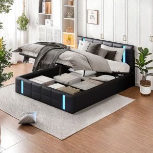 lit coffre avec rangement cadre de lit avec tête de lit et lumières led lit 140x200 lit adolescent lit 2 personne moderne noir