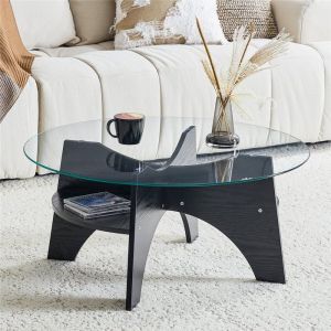 Table Basse Salon Ronde en Verre Tremp&eacute; Moderne Design Table Basse Transparente avec Pieds en Bois Noir et Compartiment 80x80x36 cm
